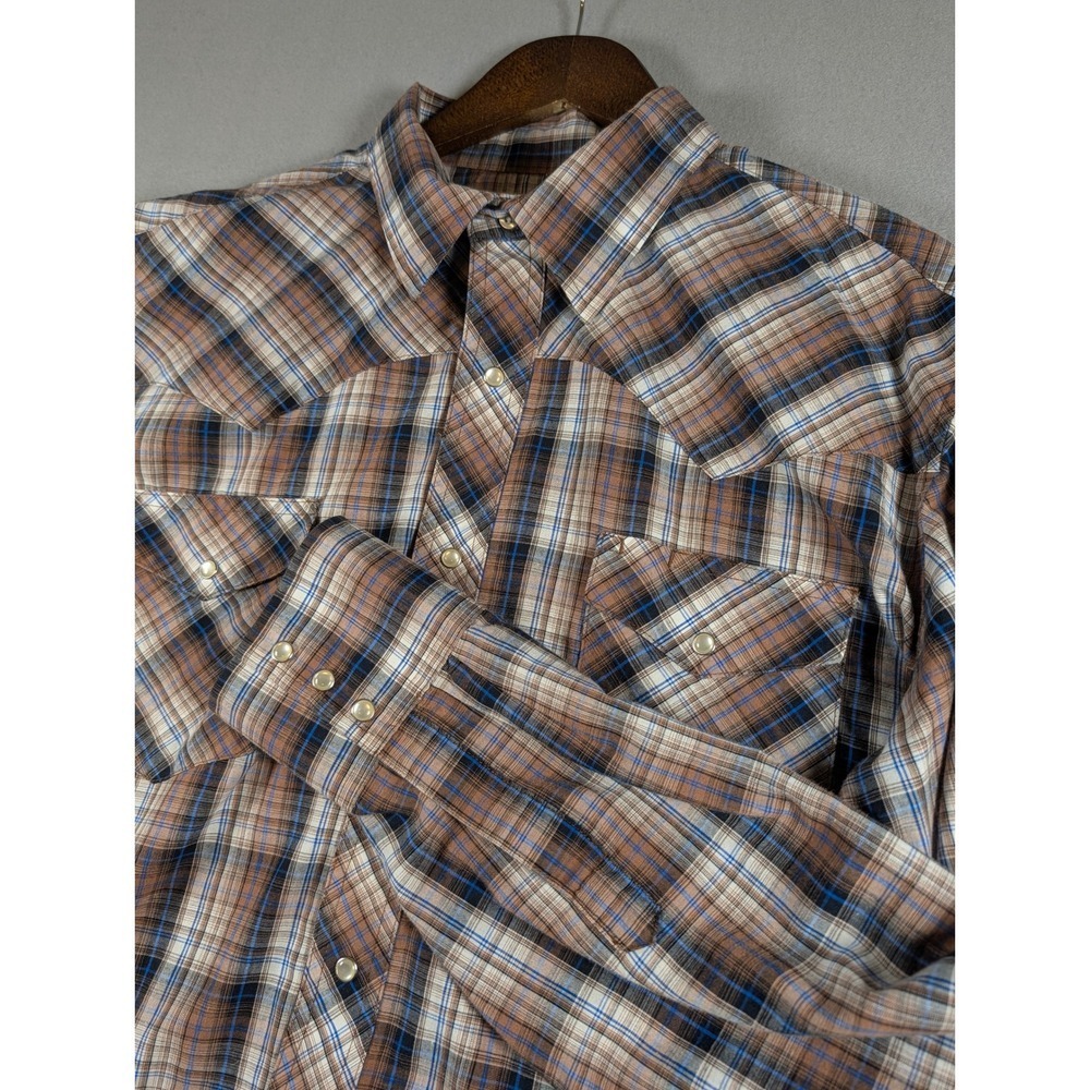 Wrangler Western Shirt Mens XL Brown Blue Plaid Pearl Snap Long Sleeve Cowboy